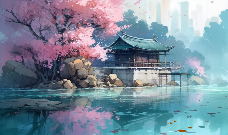 国风水墨山水桃林亭台楼阁背景,插画/手绘图,插画/手绘图库,插画/手绘图下载,插画/手绘